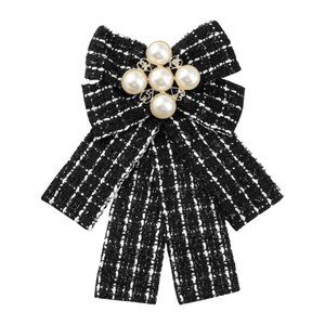 Ribbon Brooch Bow Tie Pin Fashion Beads Pre-Tied Plaid Pattern Bowknot Black
